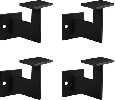 Four black metal handrail brackets are arranged in a two-by-two grid against a white background.