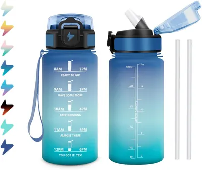 Obrázok produktu pre Fľaša na vodu s indikátorom času, 500 ml, s brčkom, ľahká, určená pre deti