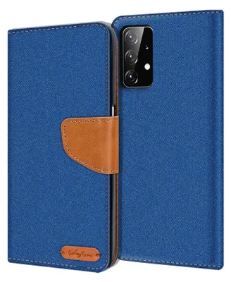 A blue flip case for a Samsung Galaxy A52 / A52 5G phone, with a brown leather accent and a small logo.