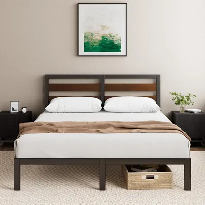 Doppelbett 135x190 cm, Bambus-Stahl, mit Kopfteil, Stauraum, schwarz-braun