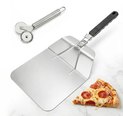 Pizzaschieber aus Edelstahl, perforiert, klappbarer Griff, Teigrad