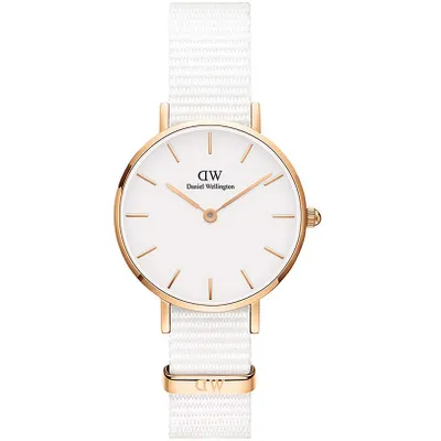 A close-up studio shot of a Daniel Wellington Petite Dover watch.