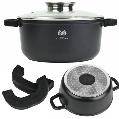 A black pot with a glass lid and a separate view of the pot's bottom and two black silicone handles.