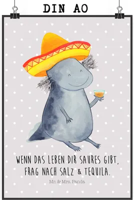 Produktbild von Mr. & Mrs. Panda Bild Axolotl Tequila DIN A0 - Grau Pastell - Geschenk, Spruch, trinken, Kunstdruck, Salz, wanddeko, Urlaub, Party, Mexiko, Wandbild, Mexico, Deko, drucke