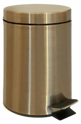 A brushed bronze pedal trash can with a black pedal and base, shown against a white background.