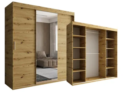 Produktbild von Schiebeschrank 180 cm Hellbraun Artisan 3-türig mit Spiegel OTARIO