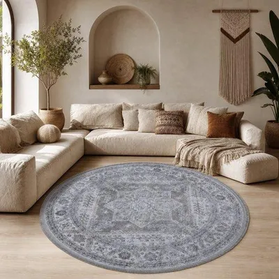 Obrázek produktu pro Kulatý koberec Unyqoos® Vintage, průměr 160 cm – krátký vlas, omyvatelný, šedě-béžový, 100% polyester, odolný, protiskluzová spodní strana, vhodný do obývacího pokoje