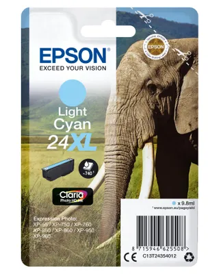 Obrázek produktu pro Epson Elephant Balíček s jedním inkoustem 24XL Slon Claria Photo HD Light Cyan, Vysoká (XL) výtěžnost, Světle azurová, Inkoust na pigmentové bázi, 9,8 ml, 1 kusů, 740 str.