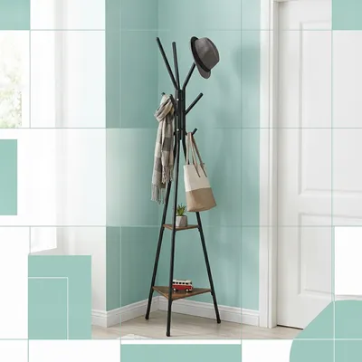 Image de Relaxdays Portemanteau de style industriel, L 181,5 x P 50 x H 43 cm, portemanteau avec 2 étagères, métal et MDF, noir/marron