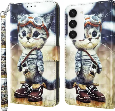 A collage showing a flip phone case with a cute cat illustration on both the front and back.