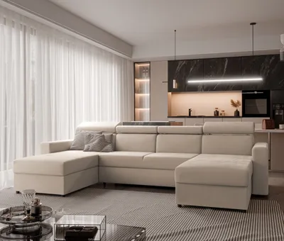 Produktbild von IDOHOME-Ecksofa Beni II mit Schlaffunktion Couchgarnitur Ecke Bettcouch Sofa mit Relaxfunktion und Kopfstützen Eckcouch U-Form Manila 02 Beige