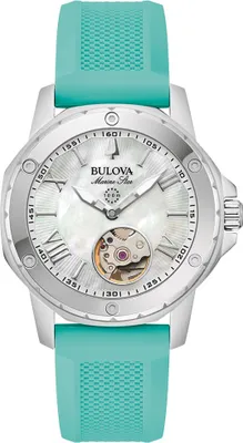 A close-up studio shot of a Bulova Marine Star women's watch with a turquoise band.