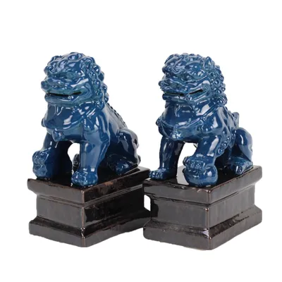 Produktbild von Fine Asianliving Chinesische Fu Hunde Tempelwächter Löwen Marineblau Set/2 Porzellan Handgefertigt B9xT9xH16cm