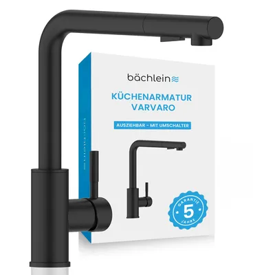 Produktbild von Bächlein Küchenarmatur 360 Grad schwenkbar Farbe schwarz-matt – Einhand-Spültischbatterie aus Edelstahl mit ausziehbarem Schlauch und Brause mit Umschalt-Taste, Wasserhahn für die Küche