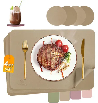 Immagine prodotto di Set di 4 tovagliette lavabili, effetto pelle, resistenti al calore, con sottobicchieri dorati, dimensioni 43x30 cm