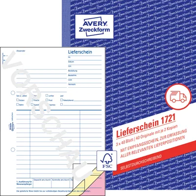 Produktbild von Avery Zweckform 1721, Lieferscheine mit Empfangsschein, A5, selbstdurchschreibend, 3x40 Blatt