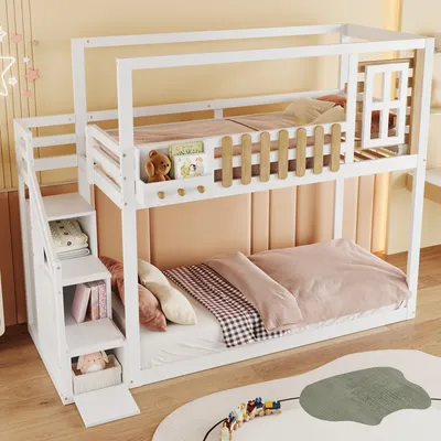 Produktbild von Etagenbett mit 2 Liegeflächen, Treppe und Lattenrost, 90x200 cm, Kinderbett mit Rausfallschutz und Stauraum, Kiefer