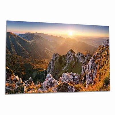 Produktbild von Wallario Herdabdeckplatte aus Glas, Größe 90 x 52 cm 1-teilig, Motiv Berglandschaft mit Sonnenuntergang in der Slowakei