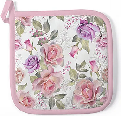 Produktbild von Topflappen Baumwolle 20x20cm mit Vintage Rosen Motiv Rosa / Weiß