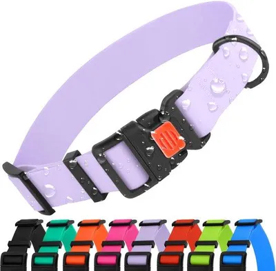 Image de Collier réglable pour chien Benzoa®, revêtement PVC et résistant à l'eau, nylon, 4 tailles pour chiots et grands chiens, 9 couleurs, fermeture rapide et anneau en D traité