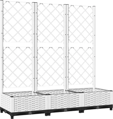 A white, three-section planter box with trellises attached to the back.