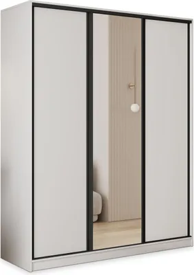 Produktbild von Masseno Schiebetürenschrank TARI 150/205/58 cm Kleiderschrank mit 4 Schubladen Schlafzimmer Schrank 3-türig mit Spiegel Weiß