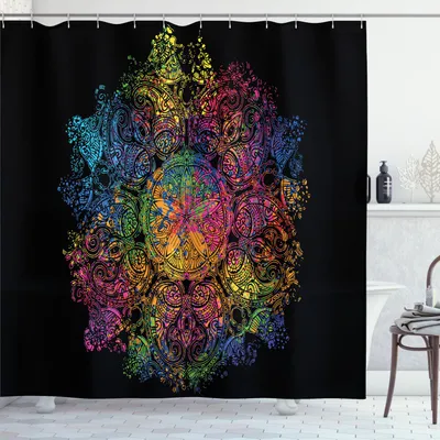 Zdjęcie produktu dla ABAKUHAUS Psychedeliczna zasłona prysznicowa, kolorowy wzór mandali, kosmos, wszechświat, duchowe ikony etniczne, kiczowata grafika, 175 x 180 cm, wielokolorowa