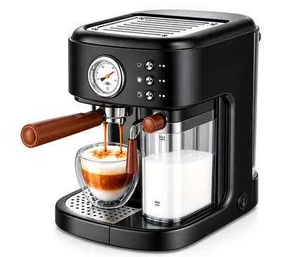 Productafbeelding van HiBREW espressomachine, 19 bar, met melkreservoir, voor cappuccino en latte, geschikt voor ESE-pads en koffiepoeder, 1,5 liter, zwart, AI-gegenereerde afbeelding