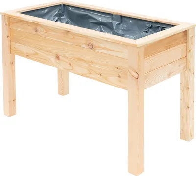 A wooden raised garden bed with a gray liner, shown against a white background.