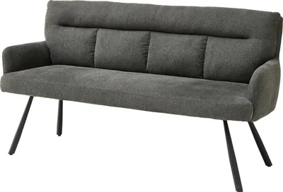 A studio shot of a gray upholstered bench with black legs.