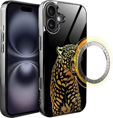 Produktbild von iPhone 16 IBIZU Elite Glass Case mit MagSafe, Glasrückseite, Golden Midnight, Roaring Jaguar, Schwarz