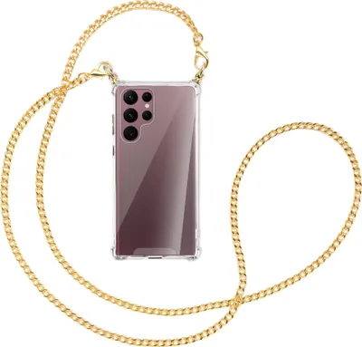 Produktbild von Handykette Backcover-Schutzhülle mit Band (Metall goldfarben) für Samsung Galaxy S22 Ultra 5G (S908) - goldfarbene Kette