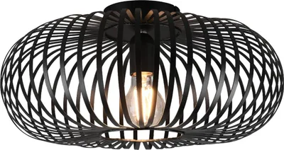 A black, modern ceiling light with a cage-like design.