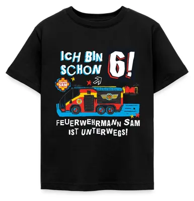 Produktbild von Spreadshirt Feuerwehrmann Sam Geburtstagsdesign 6 Jahre Kinder T-Shirt, 122/128 (7-8 Jahre), Schwarz