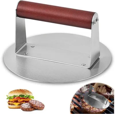 Produktbild von Unyqoos® Burgerpresse aus Edelstahl 304, Ø 16 cm – mit hitzebeständigem Holzgriff, spülmaschinenfest für Grill, Pfanne & BBQ – perfekte Burgerpatties