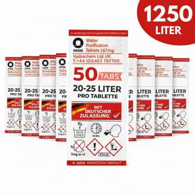 Produktbild von JUNG Oasis 50x25L- 1250L Trinkwasseraufbereitung Tabletten 167mgRO Camping Wasserentkeimung Wasseraufbereitung Trinkwasser, für Rudergeräte Wassertank
