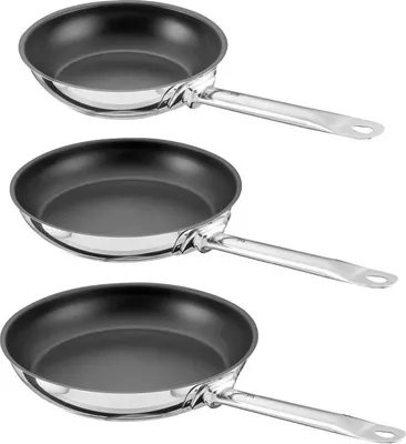 Produktbild von Gastro SUS Industar Plus Bratpfannen-Set 3-teilig Ø20/24/28 cm – Edelstahlpfannen mit UniverSUS Oberfläche, - & PTFE-frei, Induktion & Backofen geeignet, spülmaschinengeeignet