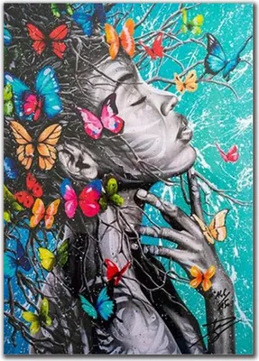 Produktbild von TPFLiving Kunstdruck LW-714 (OHNE RAHMEN) Poster - Leinwand - Wandbild - Hochauflösender Giclée-Druck, langlebig und hochwertig - Afrikainsche Kunst - Abstrakte schwarze Frau mit bunten Schmetterlingen - Größe: 50x75cm