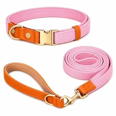 Produktbild von Hundeleine & Halsband Set aus Nylon mit Leder – robust, hochwertig, 1,5 m Leine – für kleine & große Hunde 7 Farben verfügbar rosa Größe M