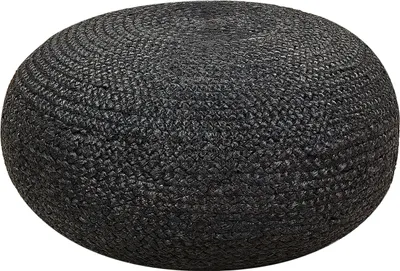 A round, black jute pouf is shown from a slightly elevated side angle against a white background.