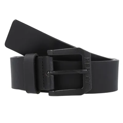 A black leather belt with a black buckle is shown against a white background.