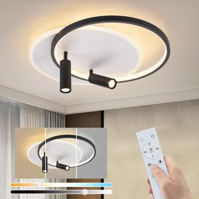 Image de ZMH Plafonnier LED Salon 52W Lampe de salon à intensité variable avec 2 spots de plafond Noir avec télécommande Acrylique moderne Lampe de chambre Ronde pour maison Cuisine