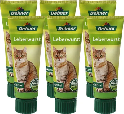 Produktbild von Dehner Katzensnack, Leckerli Leberwurst zuckerfrei, Lebensmittelqualität, in Tube, 6 x 75 g (450 g)