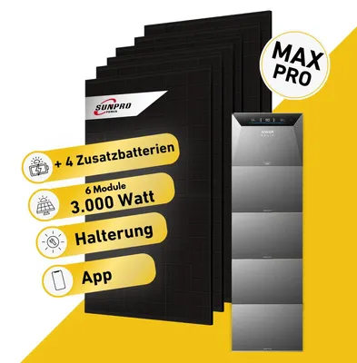 Produktbild von Balkonstrom Balkonkraftwerk 3000W mit Speicher | 4xZusatzspeicher | Blechdachhalterung | 6xSolarmodul Bifazial | Anker Solix 4 Pro |Wieland Kabel 15m