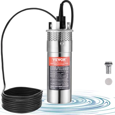 A submersible water pump with its accessories, set against a white and light blue background with water ripple graphics.