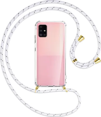 Produktbild von Handykette Backcover-Schutzhülle mit Band (Metall goldfarben) für Samsung Galaxy A51 5G (A516) - weiß/grau