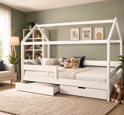 Produktbild von Kinderbett  Spielbett Kiefer Massiv Weiss Hochbett 90x200 Jugend Bett  Spielbett Kinderzimmer Juniorbett Einzelbett Rausfallschutz lackiert Bett Neu