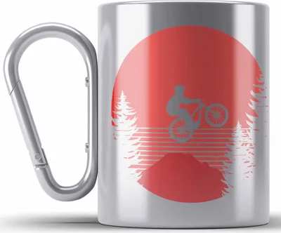Produktbild von Trendation - Moutainbike Geschenk Edelstahl Tasse Karabiner Mountainbiker Geschenkidee Kinder Karabiner Edelstahl Tasse Karabiner Edelstahl Männer Accessories Grafik MTB Herzschlag (Silber)