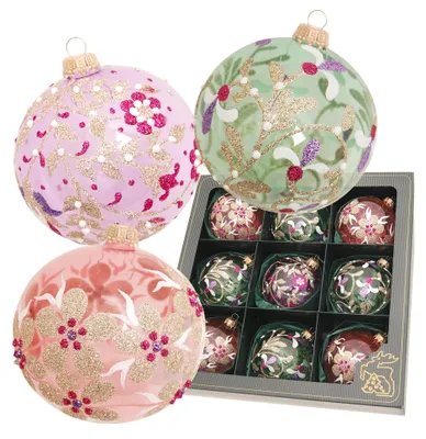 Produktbild von Krebs Glas Lauscha - 9er Set Glaskugelsortiment - für den Weihnachtsbaum - Transparent Pastell mit Blumen - 21239