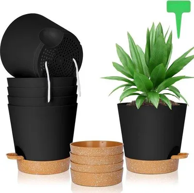 Image de Pot de fleurs auto-arrosant 6 pièces avec soucoupe - 20 étiquettes de plantes - pour plantes d'intérieur et de balcon